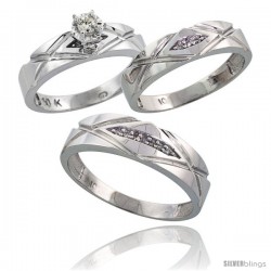 10k White Gold Diamond Trio Wedding Ring Set His 6mm & Hers 5mm