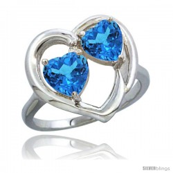 14k White Gold 2-Stone Heart Ring 6mm Natural Swiss Blue & Swiss Blue Diamond Accent