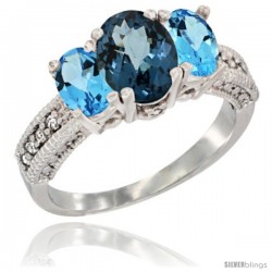 14k White Gold Ladies Oval Natural London Blue Topaz 3-Stone Ring with Swiss Blue Topaz Sides Diamond Accent