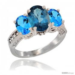 14K White Gold Ladies 3-Stone Oval Natural London Blue Topaz Ring with Swiss Blue Topaz Ring Sides Diamond Accent