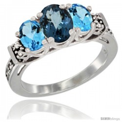 14K White Gold Natural London Blue Topaz & Swiss Blue Topaz Ring 3-Stone Oval with Diamond Accent