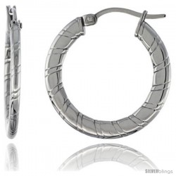 Surgical Steel Flat Tube Hoop Earrings 1 in Round 2 mm Thin Candy Stripe Pattern, feather weight