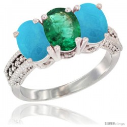 10K White Gold Natural Emerald & Turquoise Ring 3-Stone Oval 7x5 mm Diamond Accent