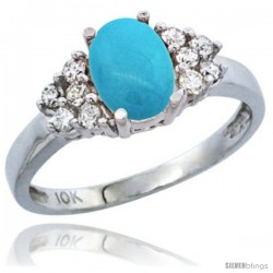 10K White Gold Natural Turquoise Ring Oval 8x6 Stone Diamond Accent