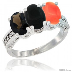 10K White Gold Natural Smoky Topaz, Black Onyx & Coral Ring 3-Stone Oval 7x5 mm Diamond Accent