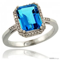 Sterling Silver Diamond Natural Swiss Blue Topaz Ring 2.53 ct Emerald Shape 9x7 mm, 1/2 in wide