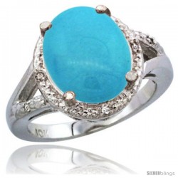 10K White Gold Natural Turquoise Ring Oval 12x10 Stone Diamond Accent