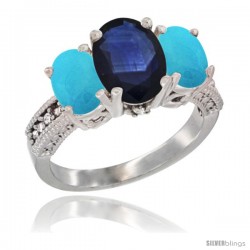 10K White Gold Ladies Natural Blue Sapphire Oval 3 Stone Ring with Turquoise Sides Diamond Accent