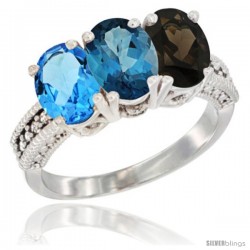 14K White Gold Natural Swiss Blue Topaz, London Blue Topaz & Smoky Topaz Ring 3-Stone 7x5 mm Oval Diamond Accent