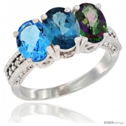 14K White Gold Natural Swiss Blue Topaz, London Blue Topaz & Mystic Topaz Ring 3-Stone 7x5 mm Oval Diamond Accent