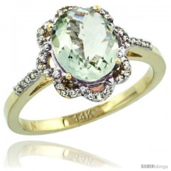 14k Yellow Gold Diamond Halo Green Amethyst Ring 1.65 Carat Oval Shape 9X7 mm, 7/16 in (11mm) wide