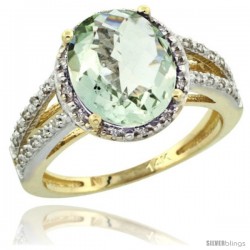 14k Yellow Gold Diamond Halo Green Amethyst Ring 2.85 Carat Oval Shape 11X9 mm, 7/16 in (11mm) wide