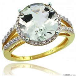 14k Yellow Gold Diamond Green-Amethyst Ring 5.25 ct Round Shape 11 mm, 1/2 in wide