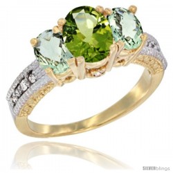 14k Yellow Gold Ladies Oval Natural Peridot 3-Stone Ring with Green Amethyst Sides Diamond Accent