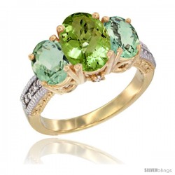 14K Yellow Gold Ladies 3-Stone Oval Natural Peridot Ring with Green Amethyst Sides Diamond Accent