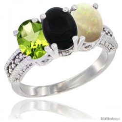 14K White Gold Natural Peridot, Black Onyx & Opal Ring 3-Stone Oval 7x5 mm Diamond Accent