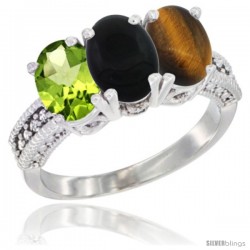 14K White Gold Natural Peridot, Black Onyx & Tiger Eye Ring 3-Stone Oval 7x5 mm Diamond Accent