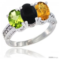 14K White Gold Natural Peridot, Black Onyx & Whisky Quartz Ring 3-Stone Oval 7x5 mm Diamond Accent