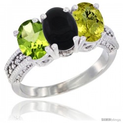 14K White Gold Natural Peridot, Black Onyx & Lemon Quartz Ring 3-Stone Oval 7x5 mm Diamond Accent