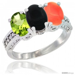 14K White Gold Natural Peridot, Black Onyx & Coral Ring 3-Stone Oval 7x5 mm Diamond Accent