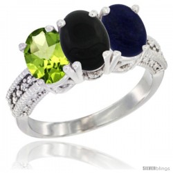 14K White Gold Natural Peridot, Black Onyx & Lapis Ring 3-Stone Oval 7x5 mm Diamond Accent