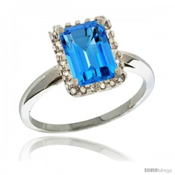 Sterling Silver Diamond Natural Swiss Blue Topaz Ring 1.6 ct Emerald Shape 8x6 mm, 1/2 in wide