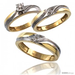 10k Gold 3-Pc. Trio His (5mm) & Hers (4mm) Diamond Wedding Ring Band Set, w/ 0.062 Carat Brilliant Cut Diamonds