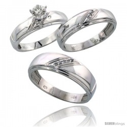 10k White Gold Diamond Trio Wedding Ring Set His 7mm & Hers 5.5mm