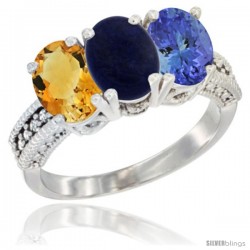 14K White Gold Natural Citrine, Lapis & Tanzanite Ring 3-Stone 7x5 mm Oval Diamond Accent