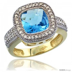 10K Yellow Gold Natural Swiss Blue Topaz Ring Cushion-cut 9x9 Stone Diamond Accent