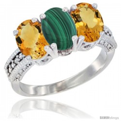 14K White Gold Natural Malachite & Citrine Sides Ring 3-Stone 7x5 mm Oval Diamond Accent