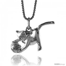 Sterling Silver Cat w/ Ball of Yarn Pendant, 1/2 in Tall
