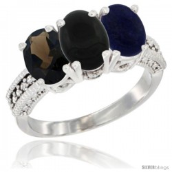 10K White Gold Natural Smoky Topaz, Black Onyx & Lapis Ring 3-Stone Oval 7x5 mm Diamond Accent