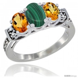 14K White Gold Natural Malachite & Citrine Ring 3-Stone Oval with Diamond Accent