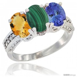 14K White Gold Natural Citrine, Malachite & Tanzanite Ring 3-Stone 7x5 mm Oval Diamond Accent