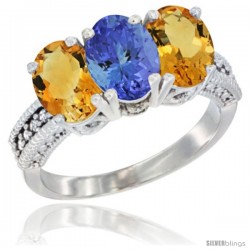 14K White Gold Natural Tanzanite & Citrine Sides Ring 3-Stone 7x5 mm Oval Diamond Accent