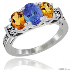 14K White Gold Natural Tanzanite & Citrine Ring 3-Stone Oval with Diamond Accent