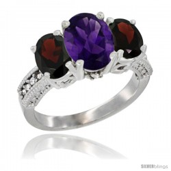 14K White Gold Ladies 3-Stone Oval Natural Amethyst Ring with Garnet Sides Diamond Accent