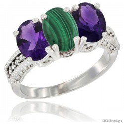 14K White Gold Natural Malachite & Amethyst Ring 3-Stone 7x5 mm Oval Diamond Accent