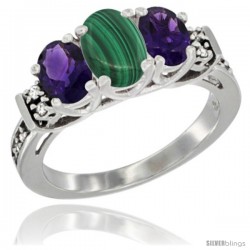 14K White Gold Natural Malachite & Amethyst Ring 3-Stone Oval with Diamond Accent