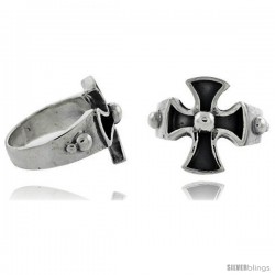 Sterling Silver Maltese / Iron Cross Gothic Biker Ring w/ Bead 11/16 in wide