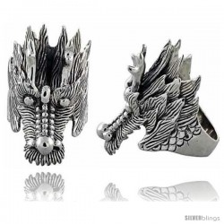 Sterling Silver Dragon's Head Gothic Biker Ring, 1 3/4 in wide