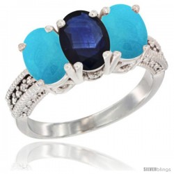 10K White Gold Natural Blue Sapphire & Turquoise Ring 3-Stone Oval 7x5 mm Diamond Accent