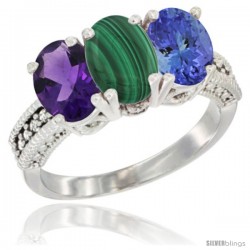 14K White Gold Natural Amethyst, Malachite & Tanzanite Ring 3-Stone 7x5 mm Oval Diamond Accent