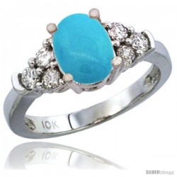 10K White Gold Natural Turquoise Ring Oval 9x7 Stone Diamond Accent