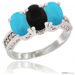 10K White Gold Natural Black Onyx & Turquoise Ring 3-Stone Oval 7x5 mm Diamond Accent