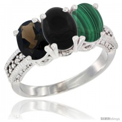 10K White Gold Natural Smoky Topaz, Black Onyx & Malachite Ring 3-Stone Oval 7x5 mm Diamond Accent