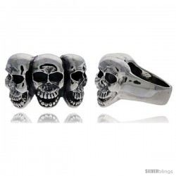 Sterling Silver Triple Gothic Biker Skull Ring, 1 in wide