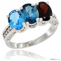 14K White Gold Natural Swiss Blue Topaz, London Blue Topaz & Garnet Ring 3-Stone 7x5 mm Oval Diamond Accent