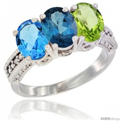 14K White Gold Natural Swiss Blue Topaz, London Blue Topaz & Peridot Ring 3-Stone 7x5 mm Oval Diamond Accent